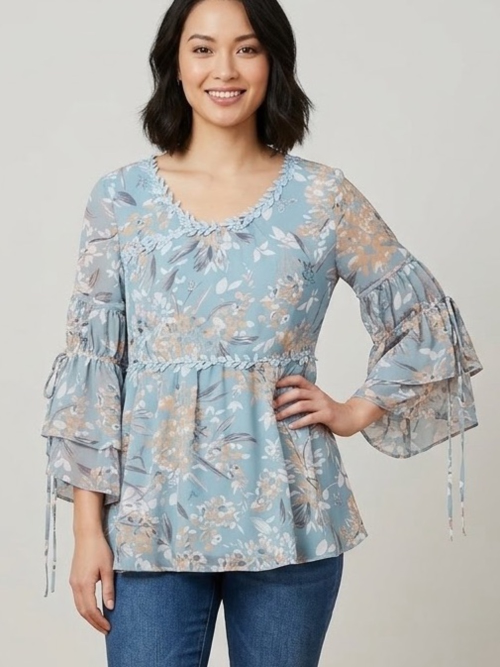 Blue Floral Peplum Tie Sleeve Blouse Size XL